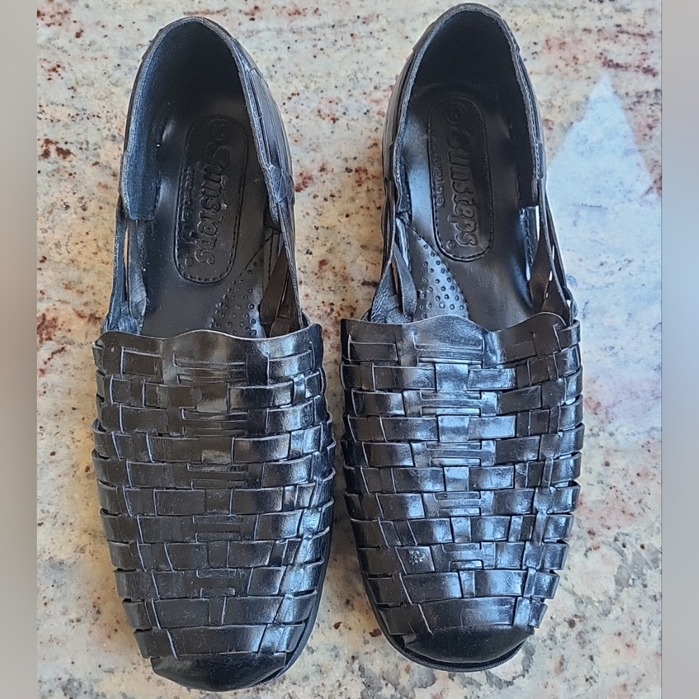 Sunsteps Shoes Black Leather Hand Woven Sandals Slip On Mens Size 10
